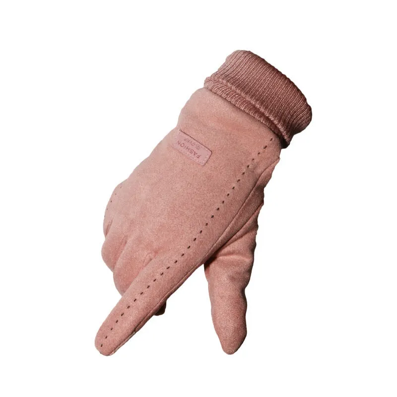 Suede gloves for couples in coffee colour, elastic fabric with velvet feel, unisex size M for cycling and driving