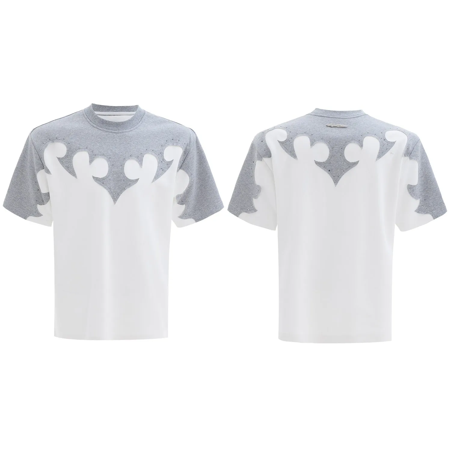 Grey loose-fit men's cotton shirt with short sleeves, drop shoulders, and a detailed burnt flower stitch pattern on the chest.