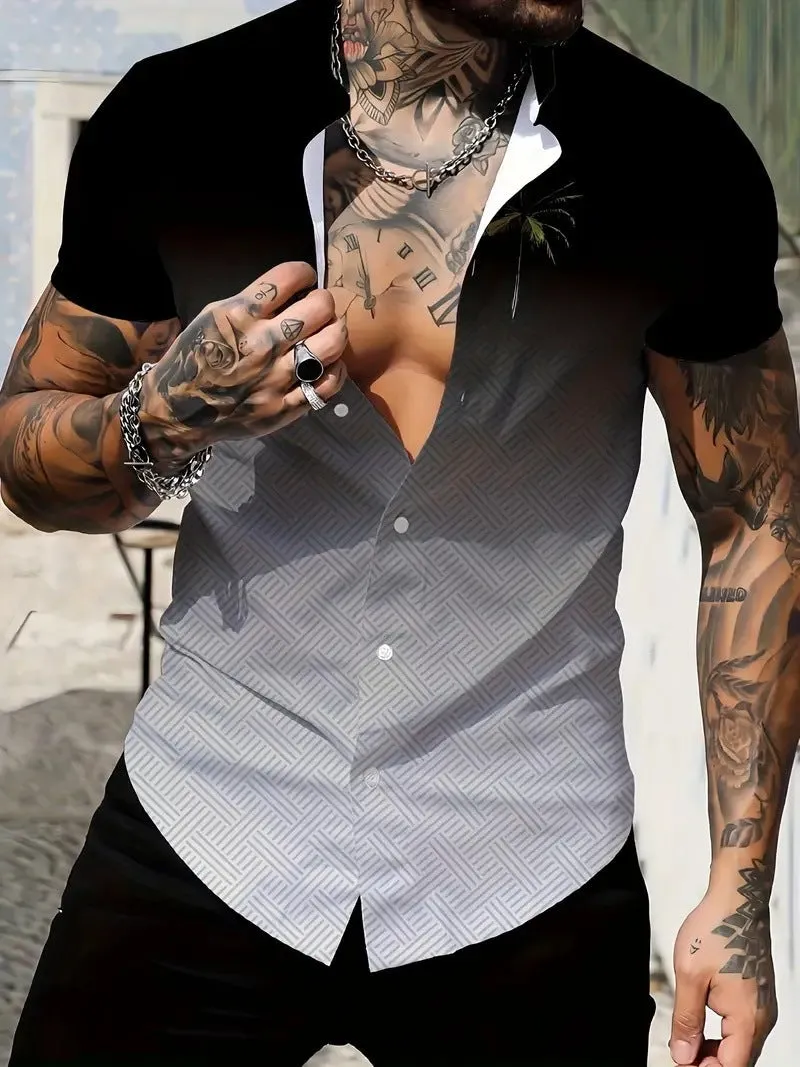 Men's slim fit geometric print short sleeve shirt on hanger showing lapel detail