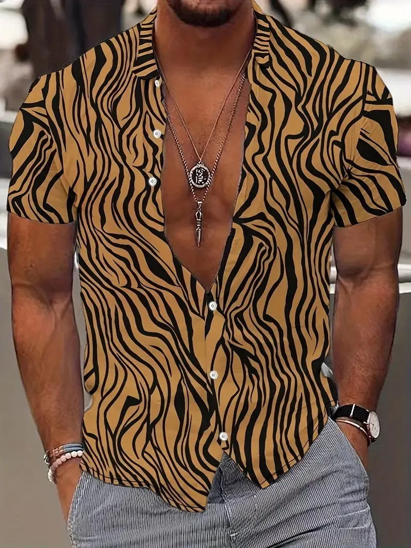 Men's slim fit geometric print short sleeve shirt on hanger showing lapel detail
