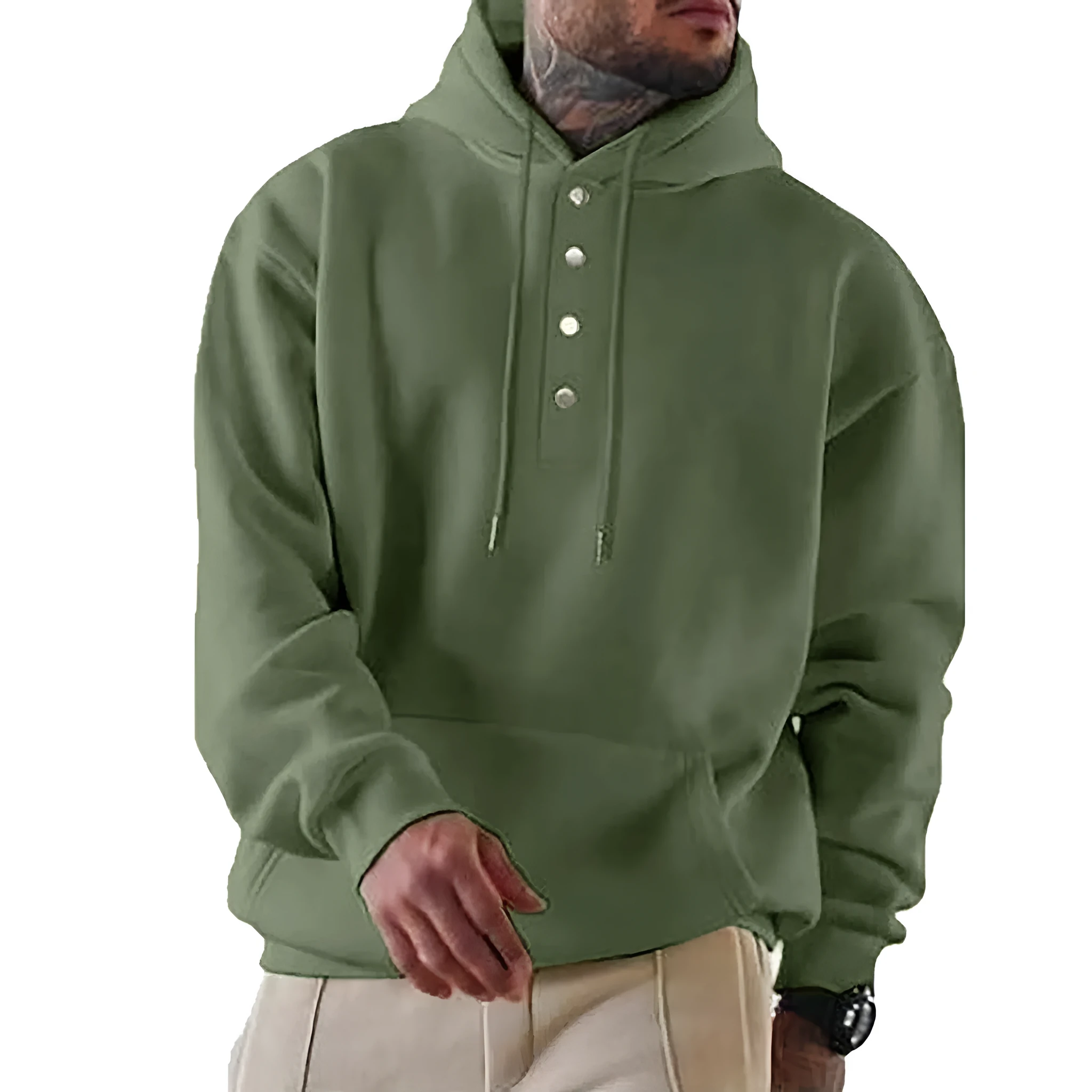 Men's loose fitting casual hooded sweater in black, collarless with long sleeves, straight tube cut