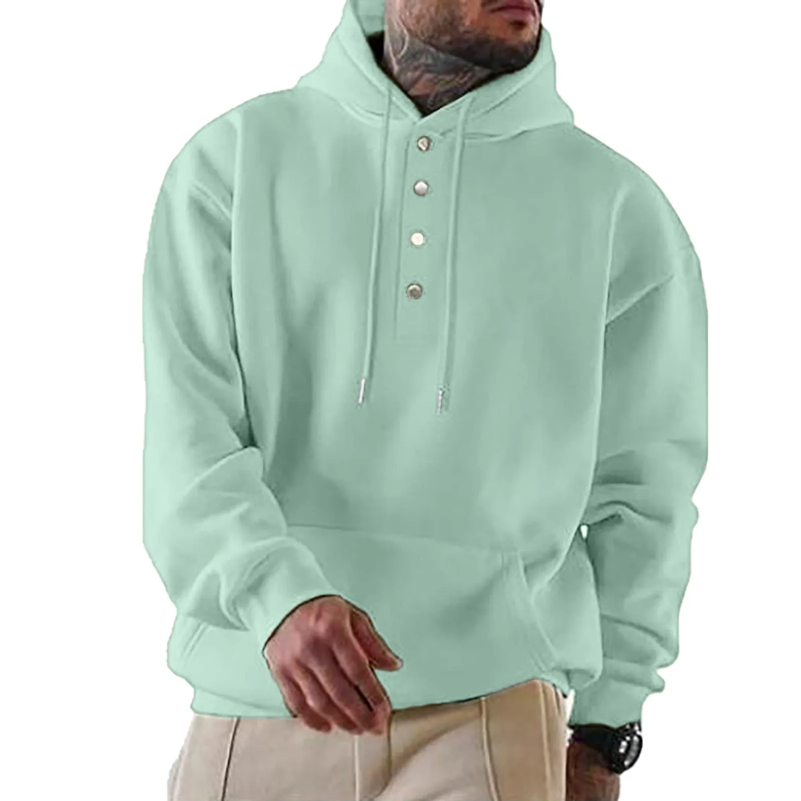Men's loose fitting casual hooded sweater in black, collarless with long sleeves, straight tube cut