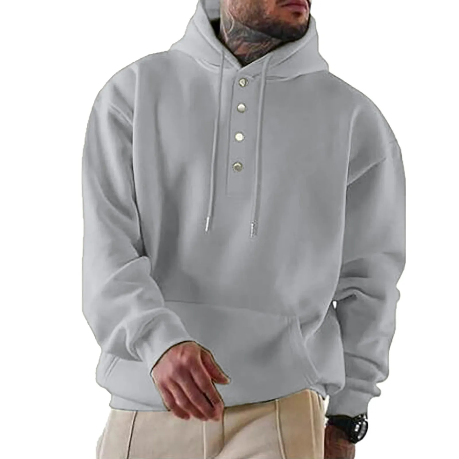 Men's loose fitting casual hooded sweater in black, collarless with long sleeves, straight tube cut