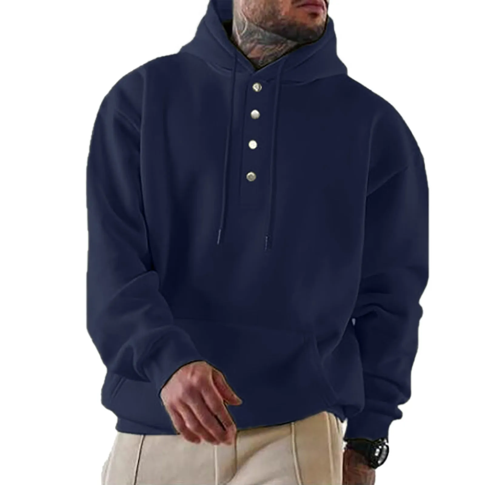 Men's loose fitting casual hooded sweater in black, collarless with long sleeves, straight tube cut