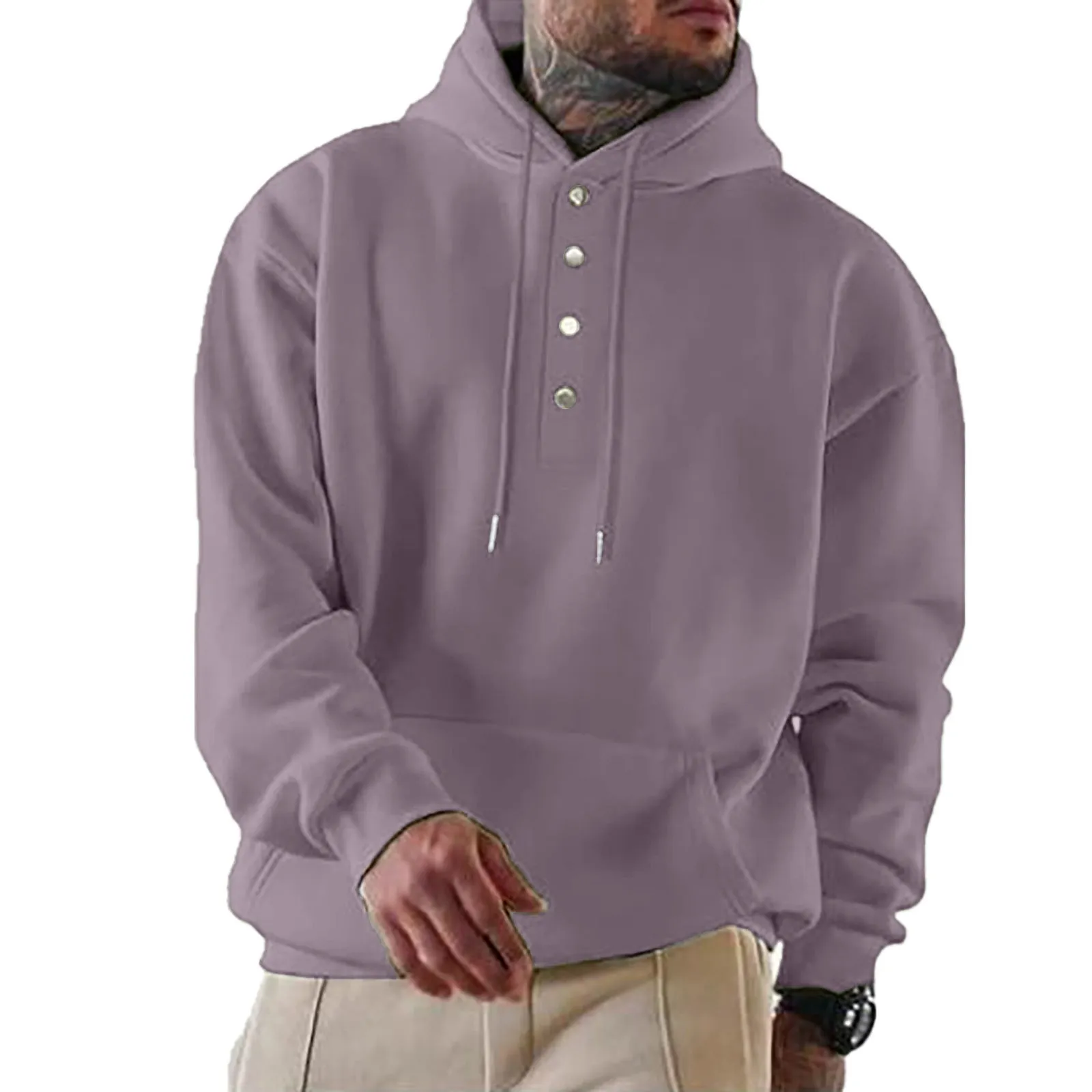 Men's loose fitting casual hooded sweater in black, collarless with long sleeves, straight tube cut