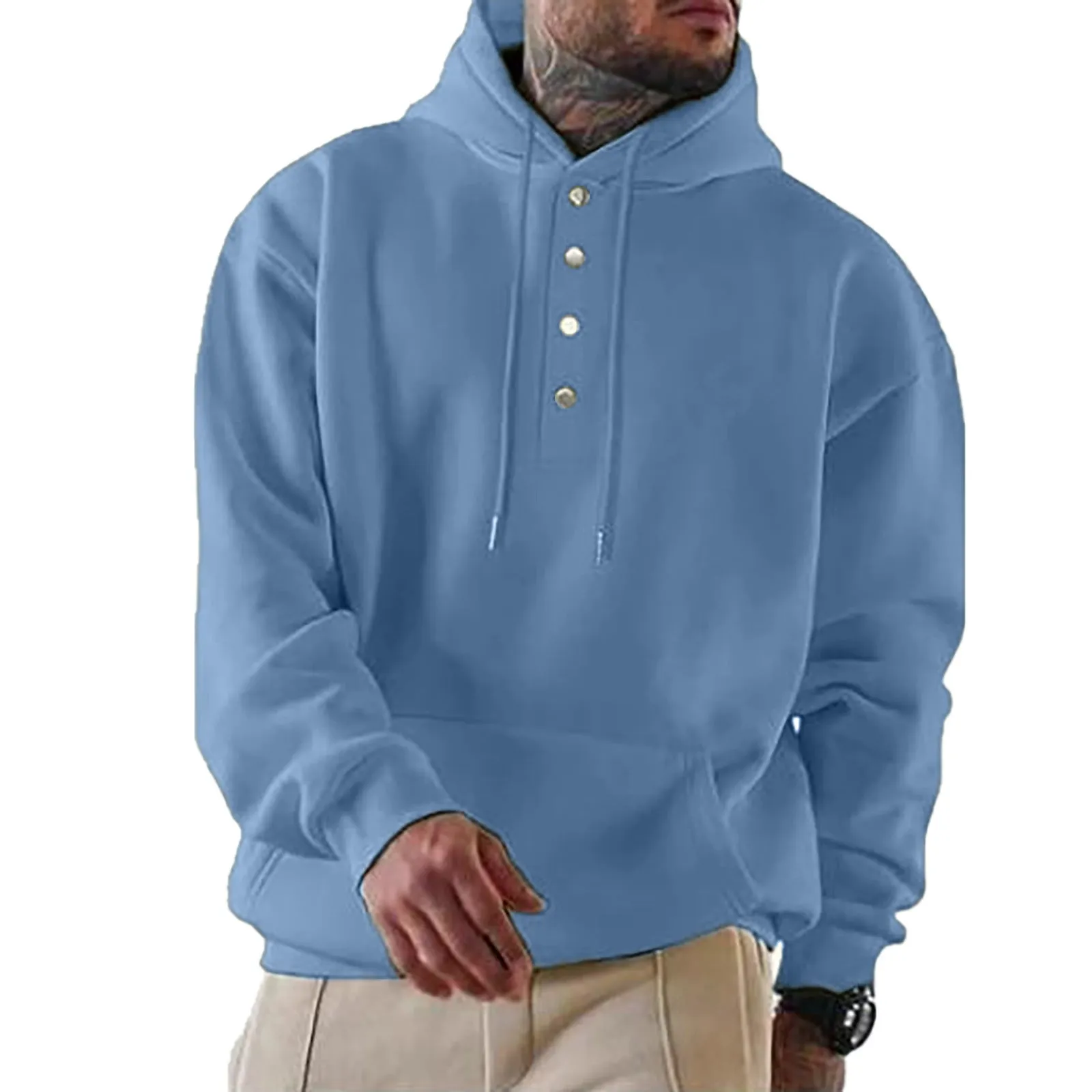 Men's loose fitting casual hooded sweater in black, collarless with long sleeves, straight tube cut