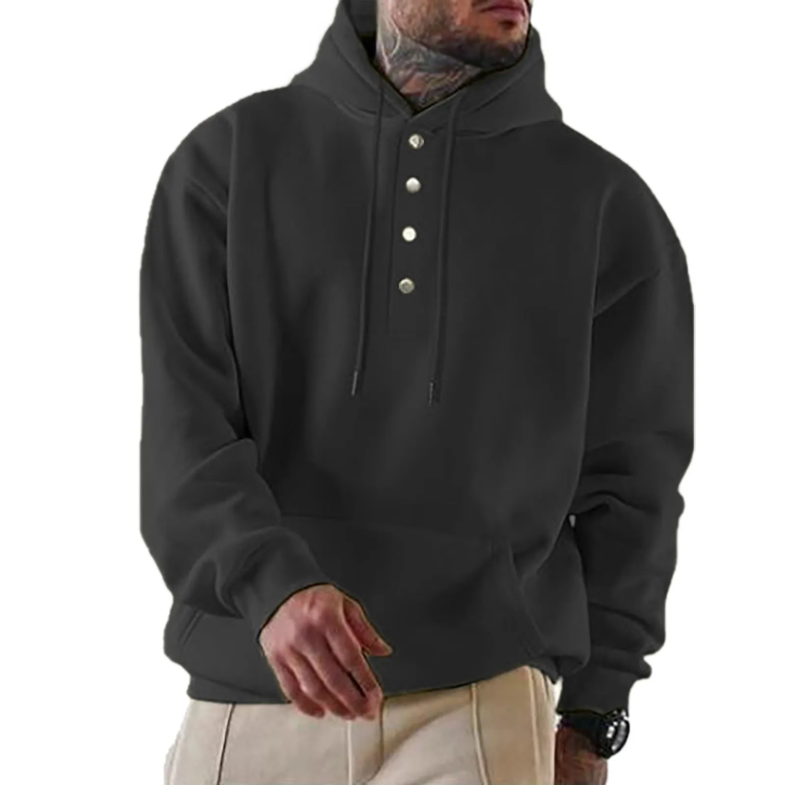 Men's loose fitting casual hooded sweater in black, collarless with long sleeves, straight tube cut