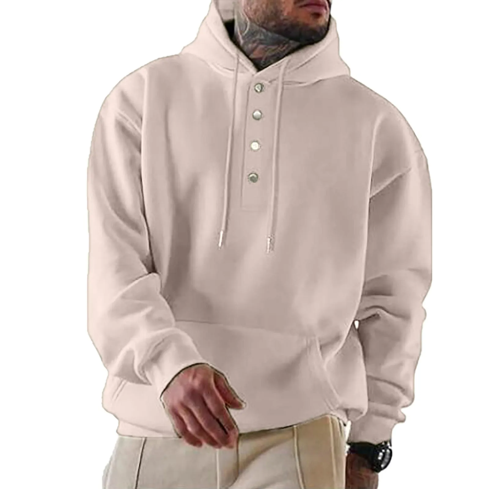 Men's loose fitting casual hooded sweater in black, collarless with long sleeves, straight tube cut