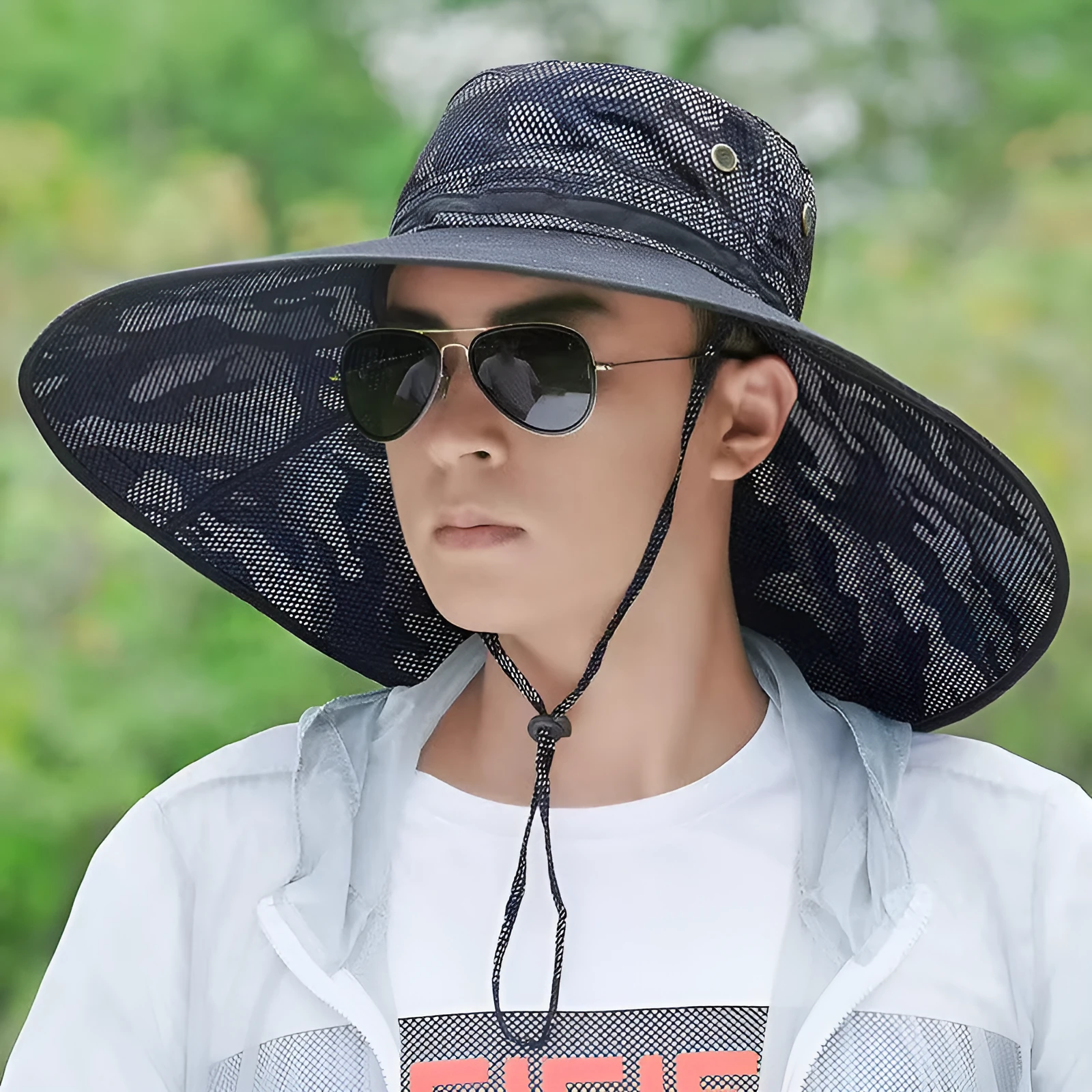 Outdoor men's cotton fisherman sun hat with 11cm brim in camouflage colour