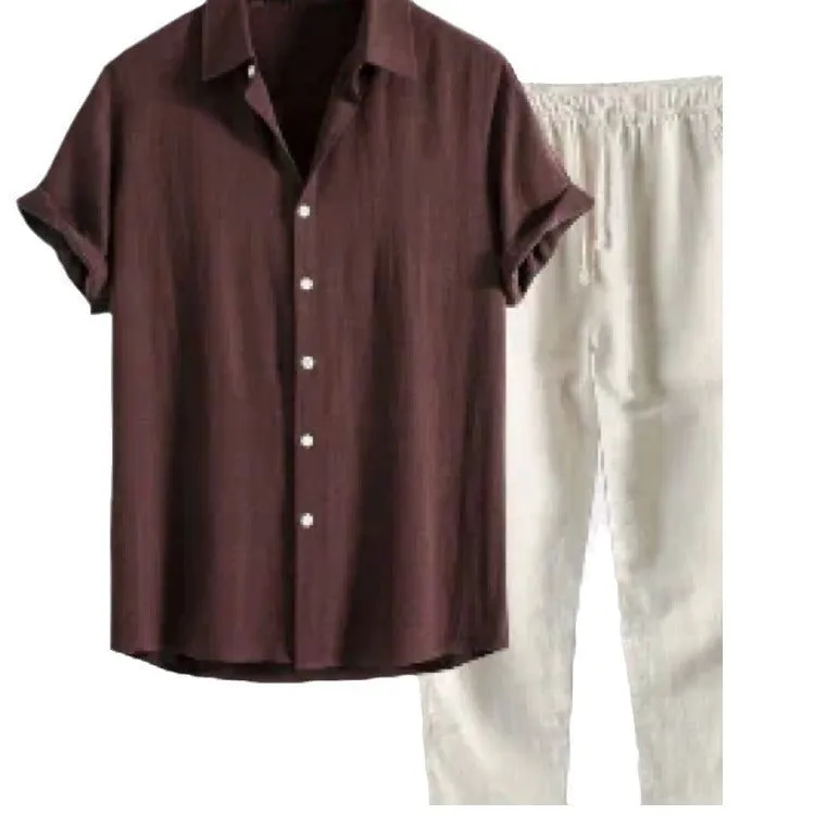 Men's casual loose multi-color beachwear cotton and linen short sleeve suit two-piece set in Beige