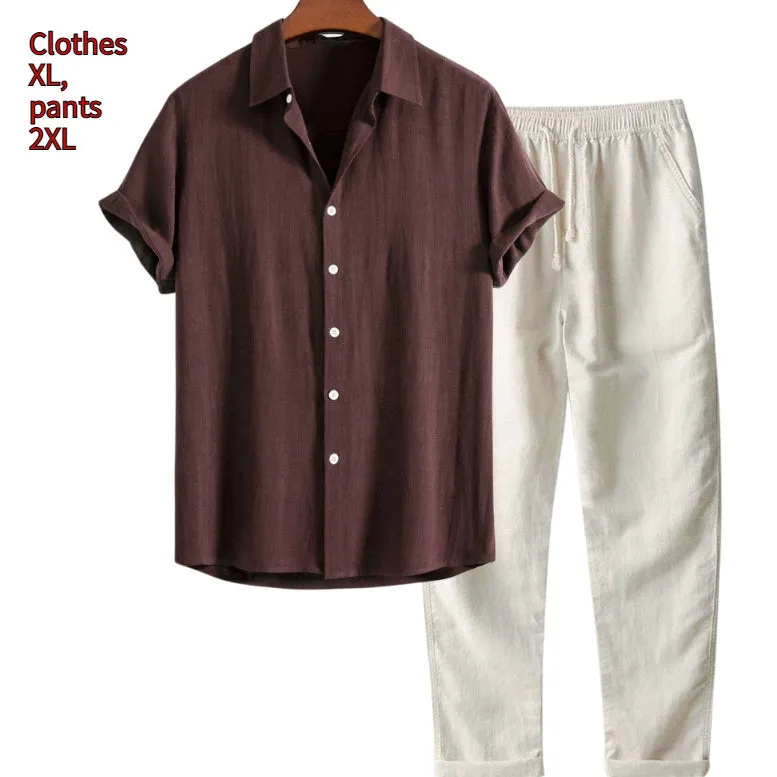 Men's casual loose multi-color beachwear cotton and linen short sleeve suit two-piece set in Beige