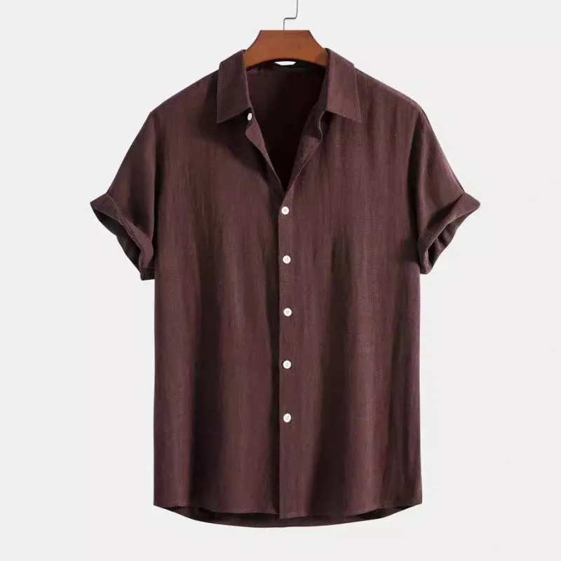 Men's casual loose multi-color beachwear cotton and linen short sleeve suit two-piece set in Beige