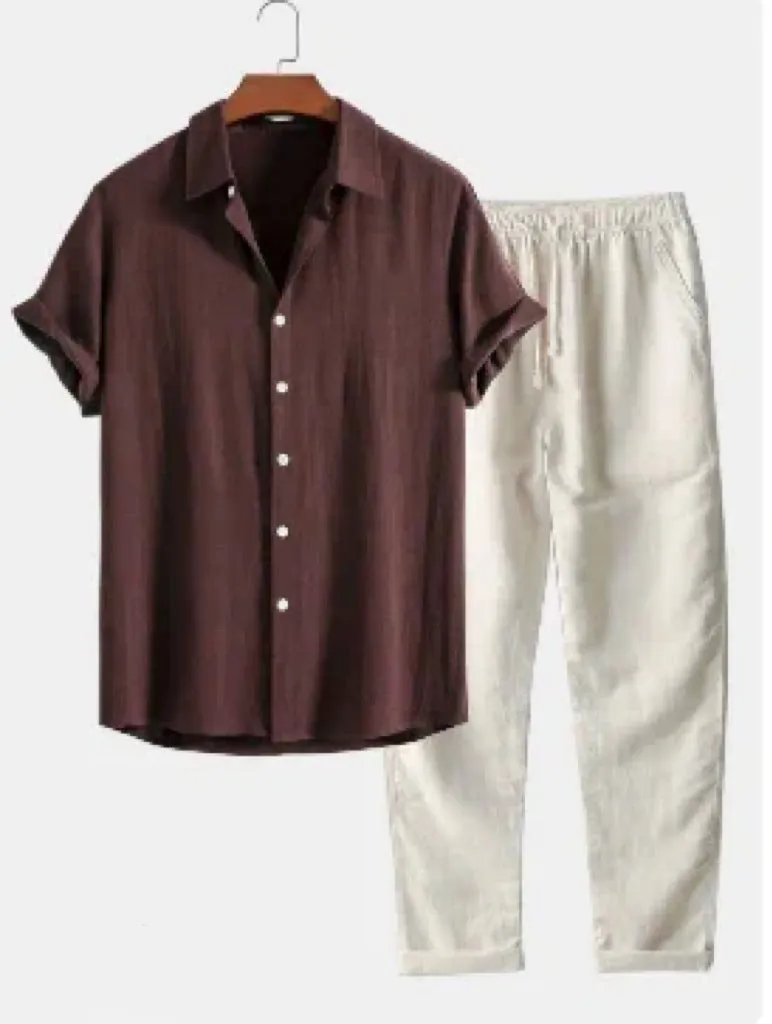 Men's casual loose multi-color beachwear cotton and linen short sleeve suit two-piece set in Beige
