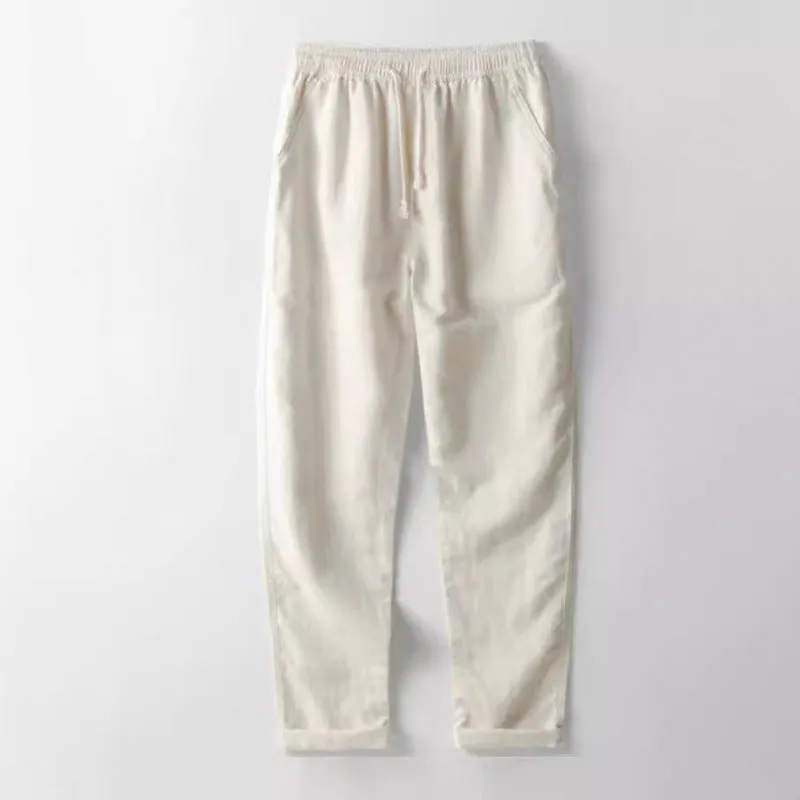 Men's casual loose multi-color beachwear cotton and linen short sleeve suit two-piece set in Beige