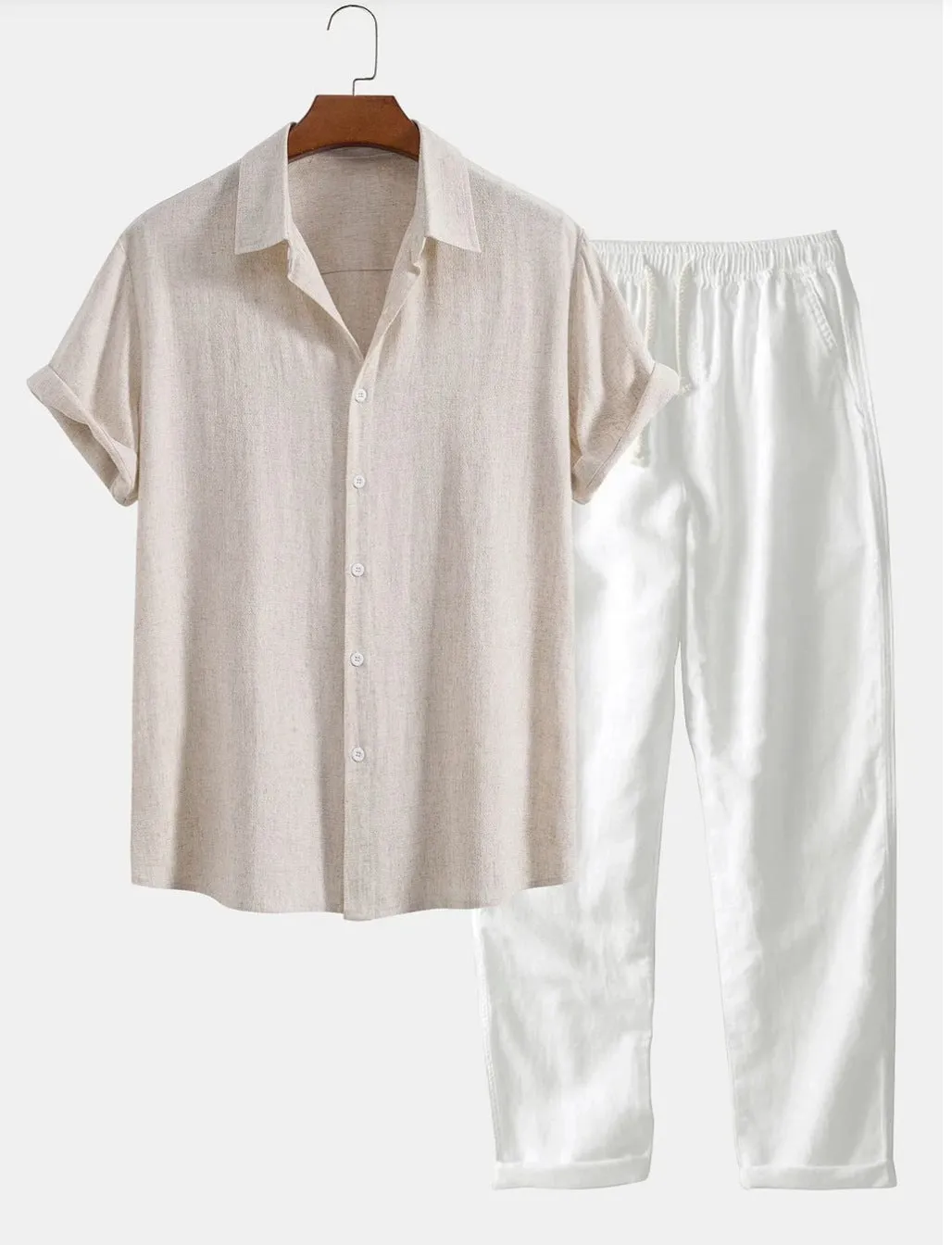 Men's casual loose multi-color beachwear cotton and linen short sleeve suit two-piece set in Beige