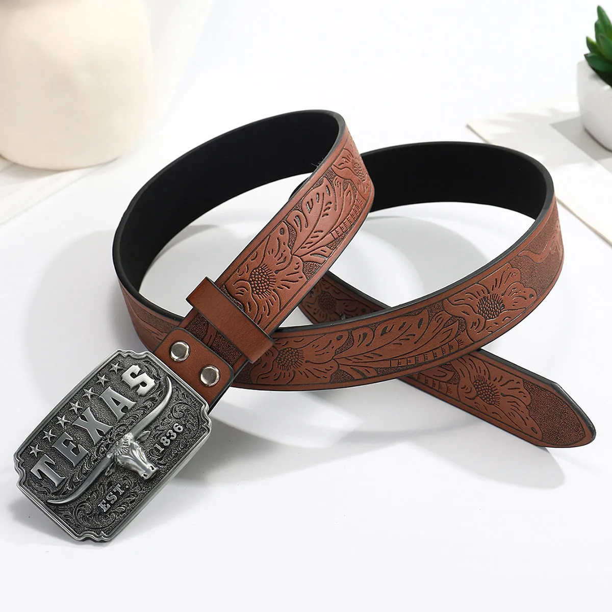 Brown PU leather belt with alloy cow head buckle, 120cm length, western retro style
