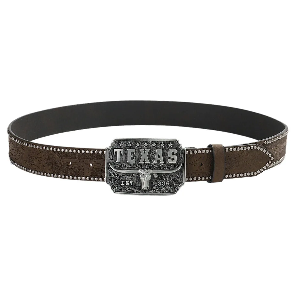 Brown PU leather belt with alloy cow head buckle, 120cm length, western retro style