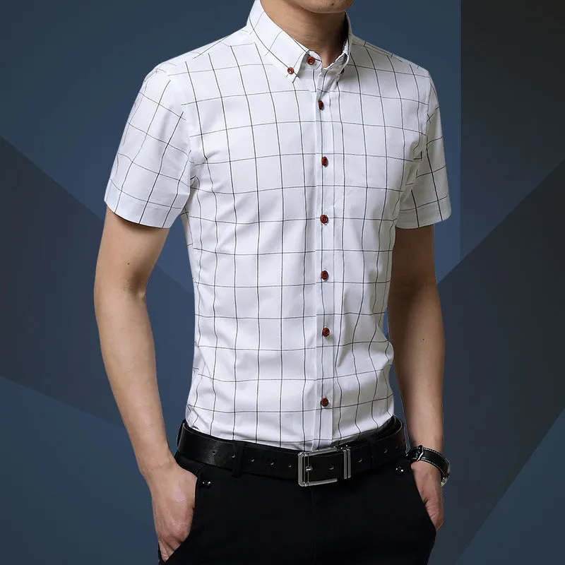 Men's casual short sleeve plaid shirt in red, slim fit cardigan style, cotton polyester blend