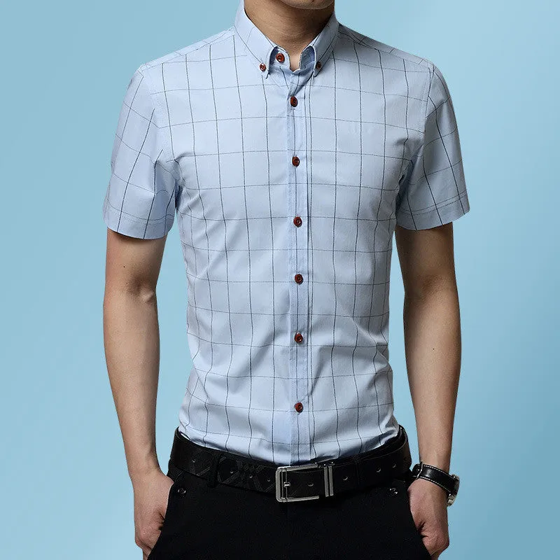 Men's casual short sleeve plaid shirt in red, slim fit cardigan style, cotton polyester blend