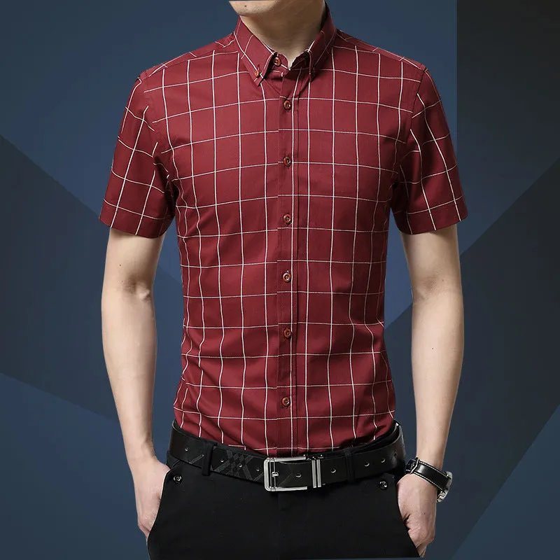 Men's casual short sleeve plaid shirt in red, slim fit cardigan style, cotton polyester blend