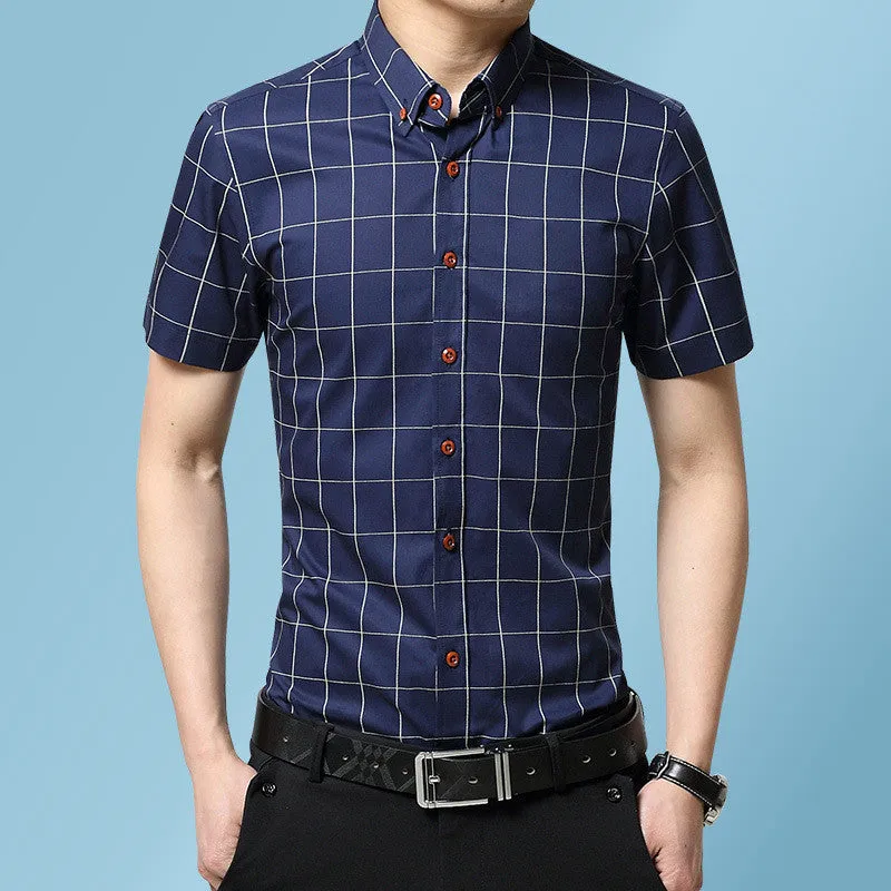 Men's casual short sleeve plaid shirt in red, slim fit cardigan style, cotton polyester blend