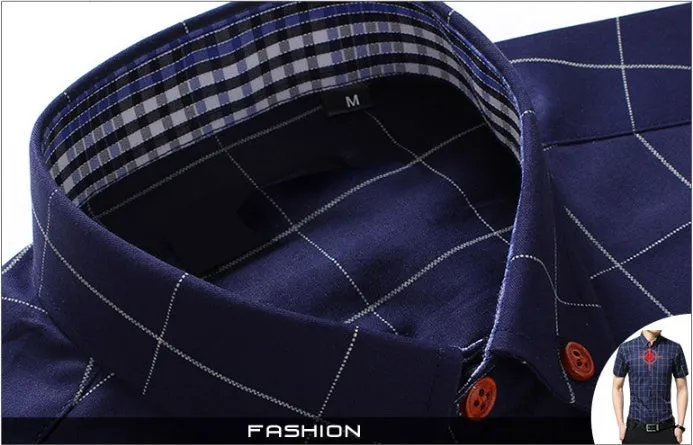 Men's casual short sleeve plaid shirt in red, slim fit cardigan style, cotton polyester blend