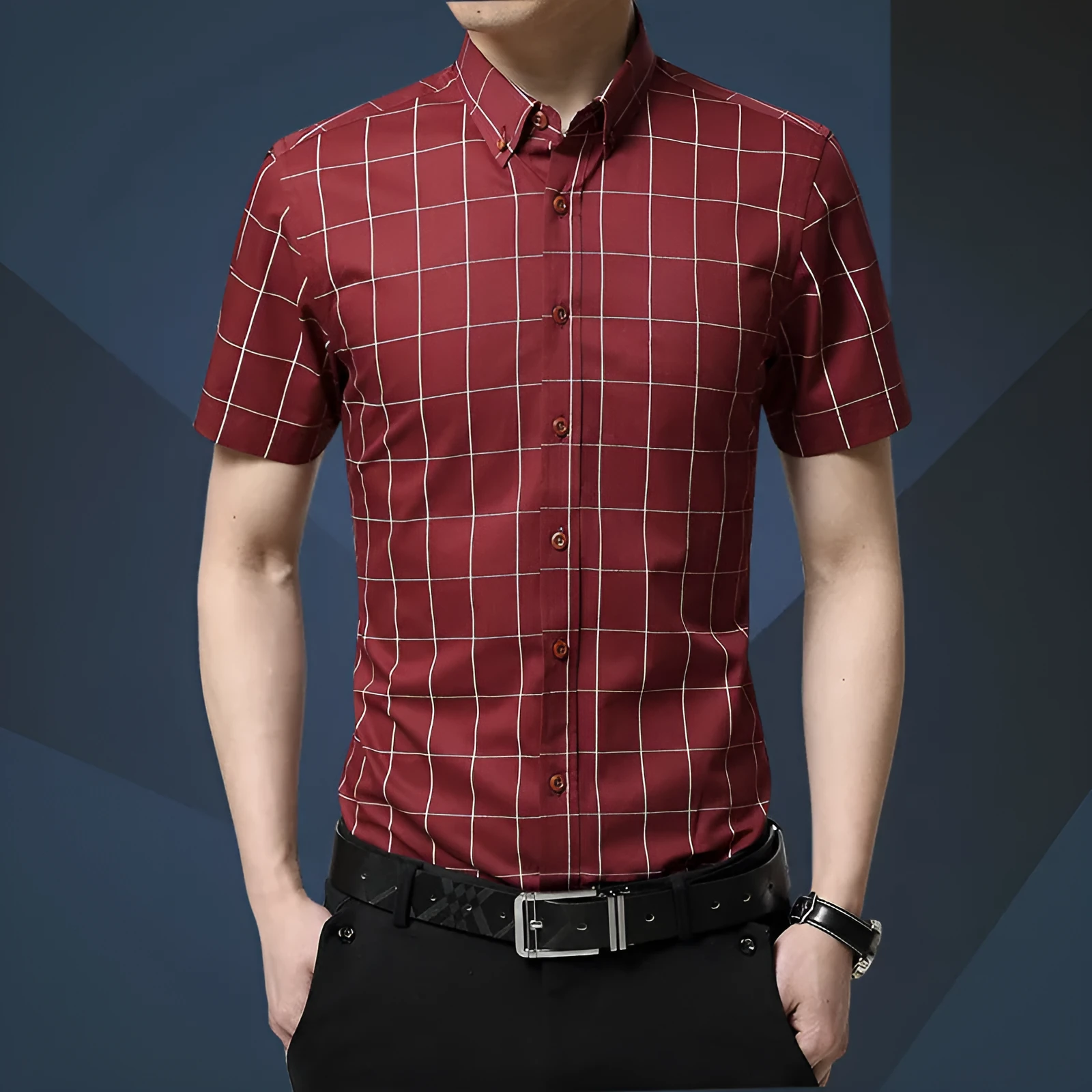 Men's casual short sleeve plaid shirt in red, slim fit cardigan style, cotton polyester blend
