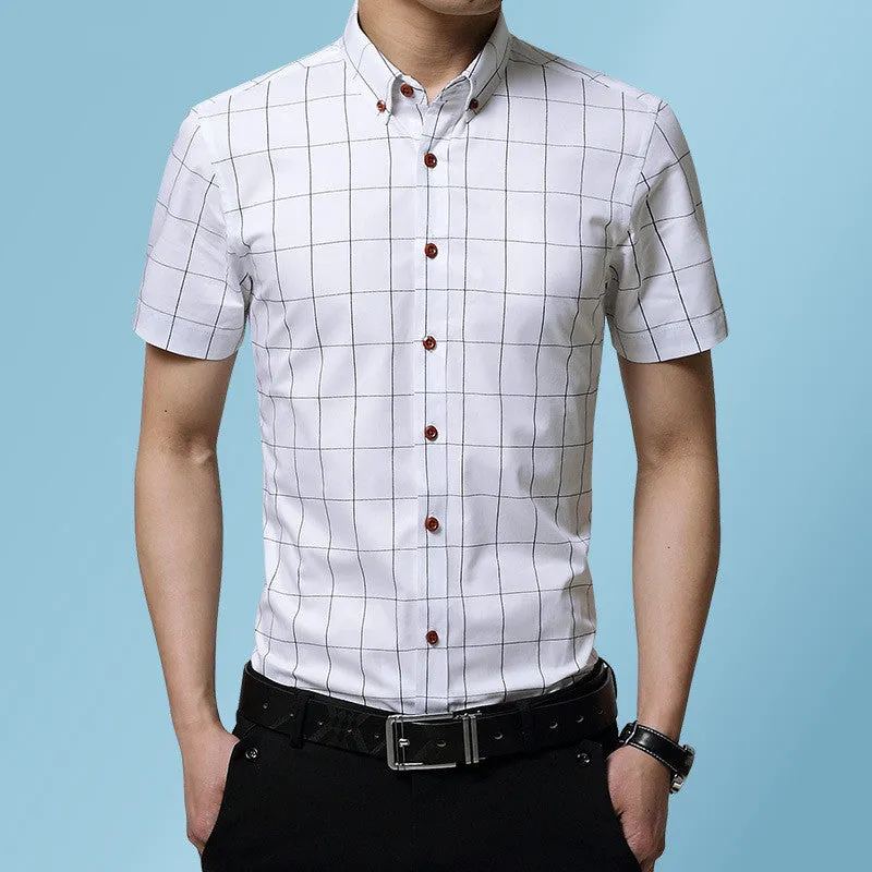 Men's casual short sleeve plaid shirt in red, slim fit cardigan style, cotton polyester blend