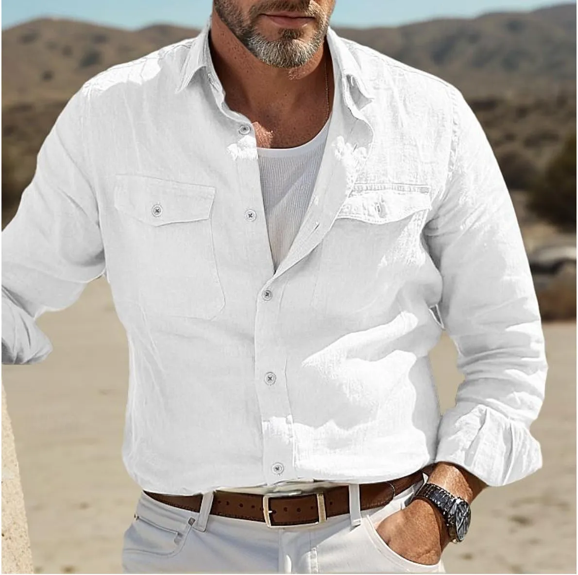 Men's long-sleeved casual button-up shirt in a cotton linen blend, shown in a loose fit.