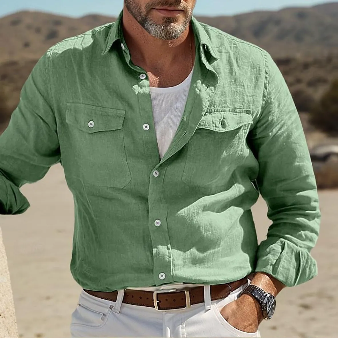Men's long-sleeved casual button-up shirt in a cotton linen blend, shown in a loose fit.