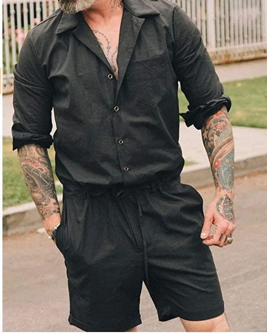 Men's casual fashion suit jumpsuit in printed polyester, army green colour, front view