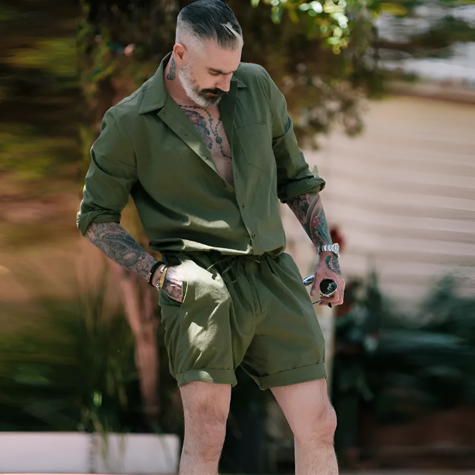 Men's casual fashion suit jumpsuit in printed polyester, army green colour, front view