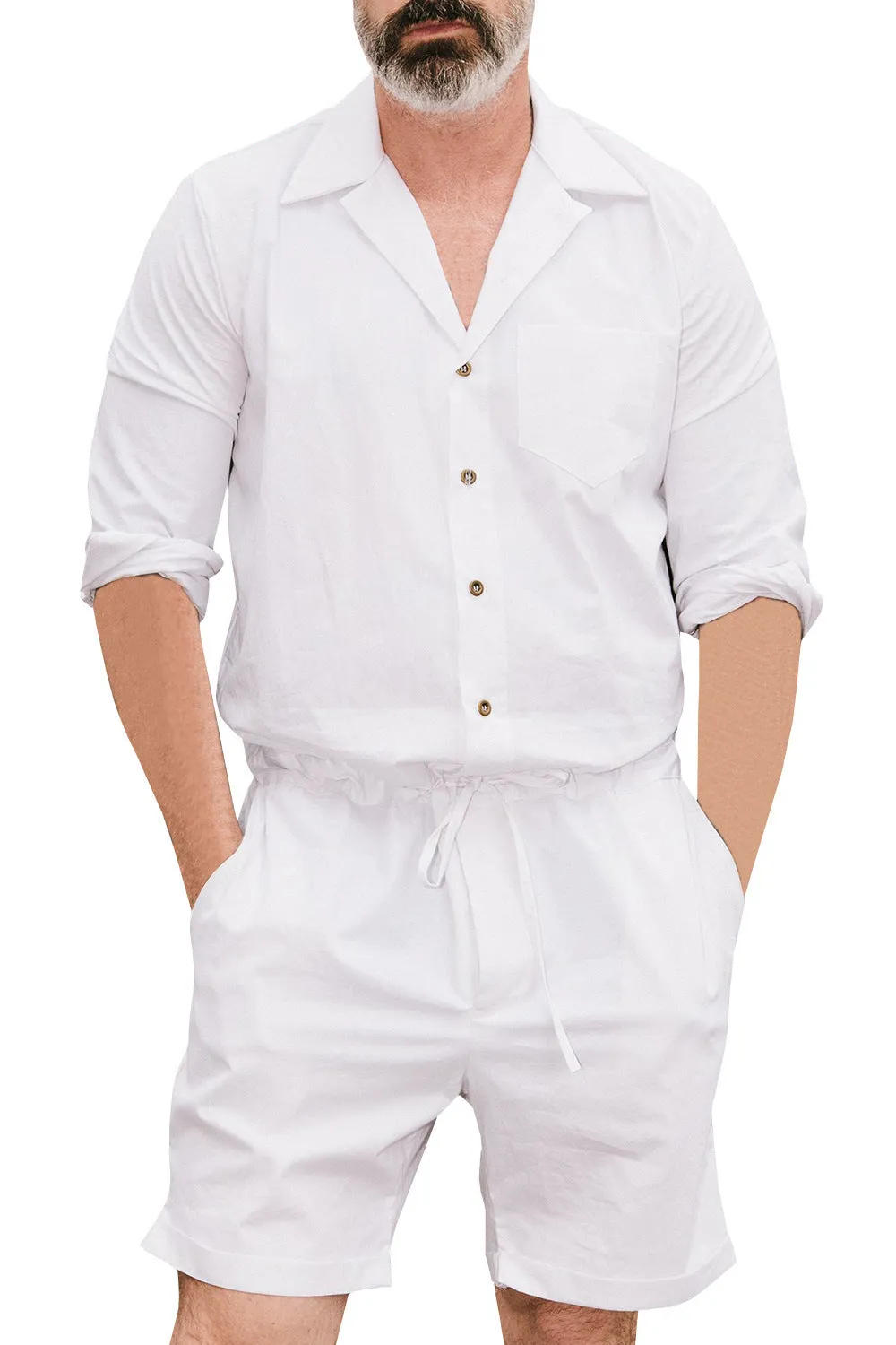 Men's casual fashion suit jumpsuit in printed polyester, army green colour, front view