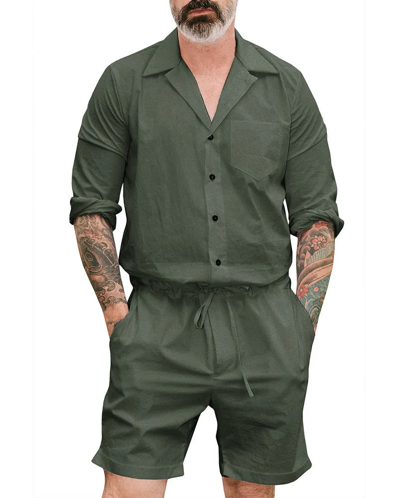 Men's casual fashion suit jumpsuit in printed polyester, army green colour, front view