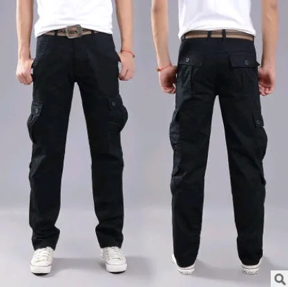 Men's cotton multi-pocket overalls in army green, straight-leg casual trousers for outdoor sports