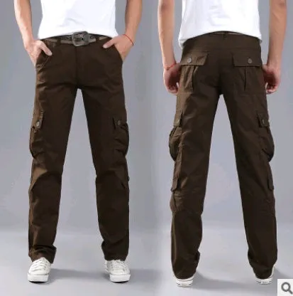 Men's cotton multi-pocket overalls in army green, straight-leg casual trousers for outdoor sports