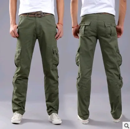 Men's cotton multi-pocket overalls in army green, straight-leg casual trousers for outdoor sports