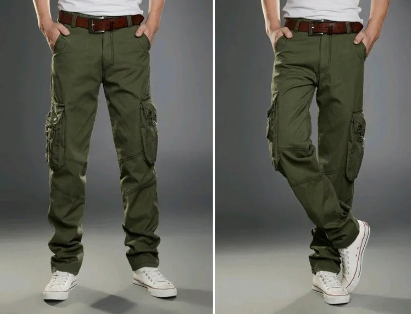 Men's cotton multi-pocket overalls in army green, straight-leg casual trousers for outdoor sports