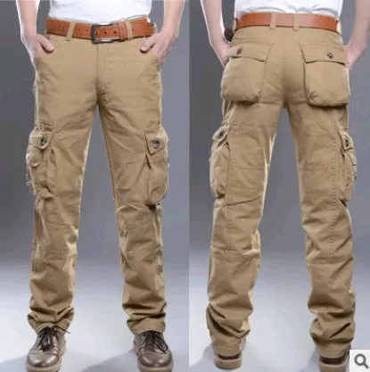 Men's cotton multi-pocket overalls in army green, straight-leg casual trousers for outdoor sports