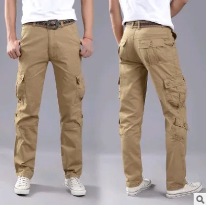 Men's cotton multi-pocket overalls in army green, straight-leg casual trousers for outdoor sports