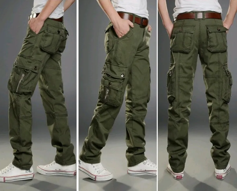 Men's cotton multi-pocket overalls in army green, straight-leg casual trousers for outdoor sports