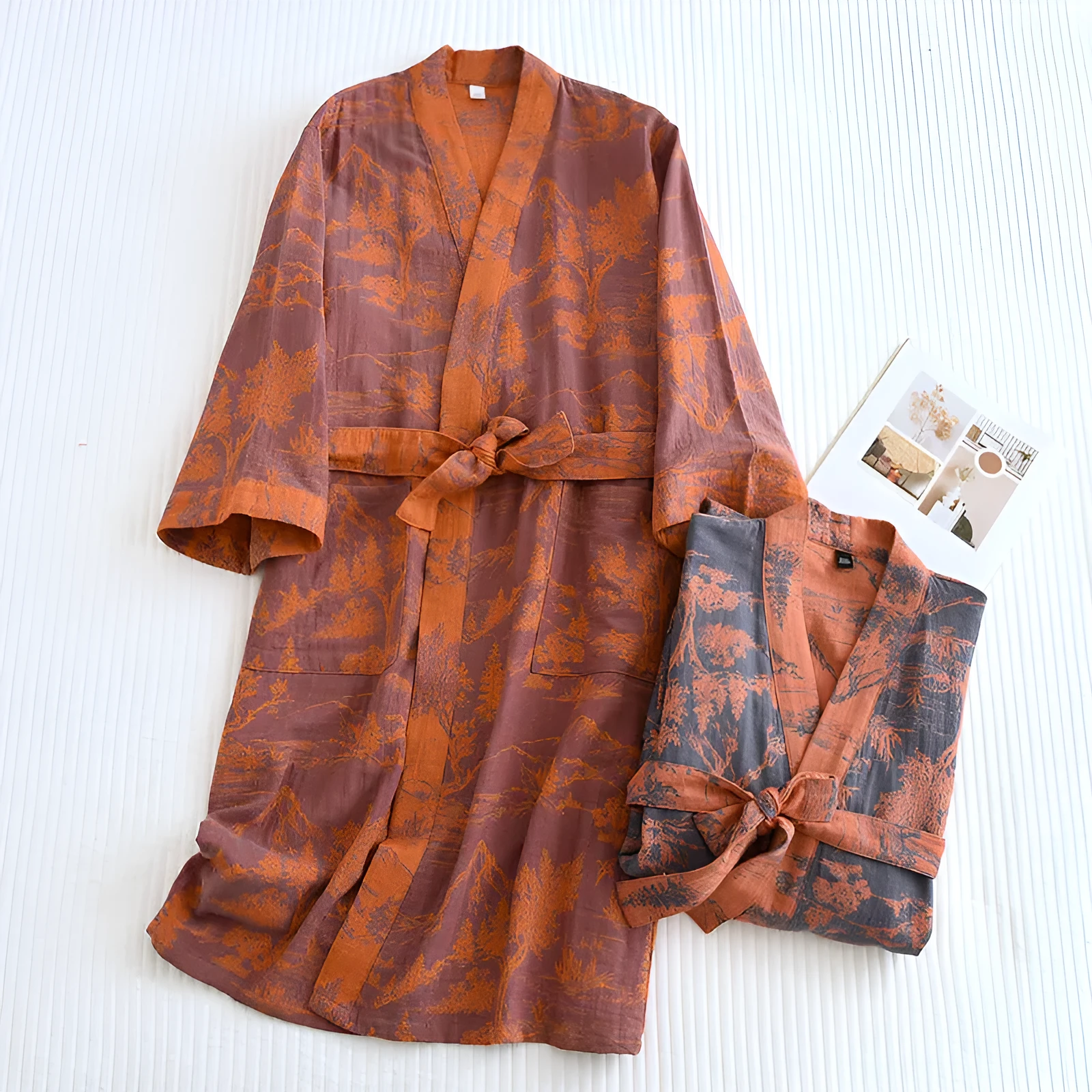 Couple cotton loose bathrobe set with lace jacquard medieval pattern in purple and blue
