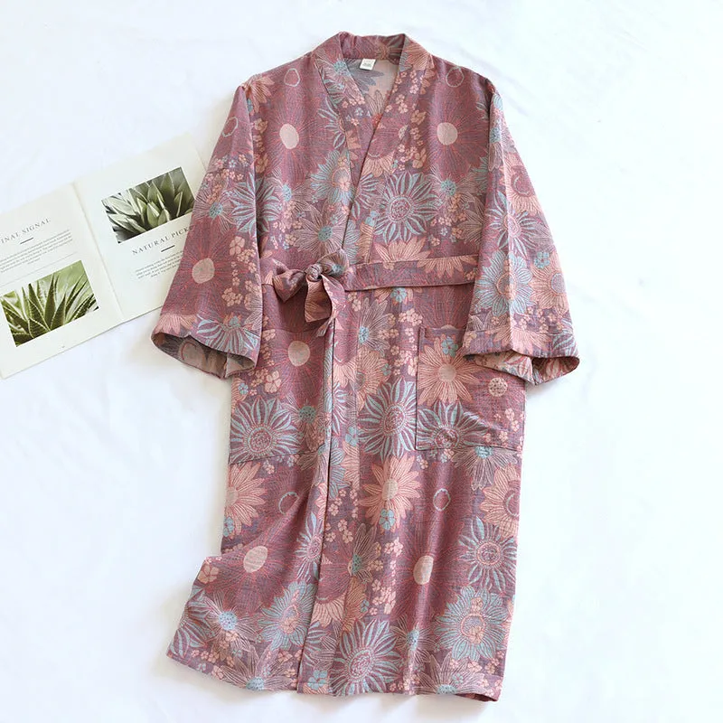 Couple cotton loose bathrobe set with lace jacquard medieval pattern in purple and blue