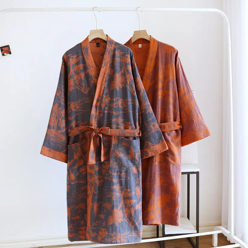 Couple cotton loose bathrobe set with lace jacquard medieval pattern in purple and blue