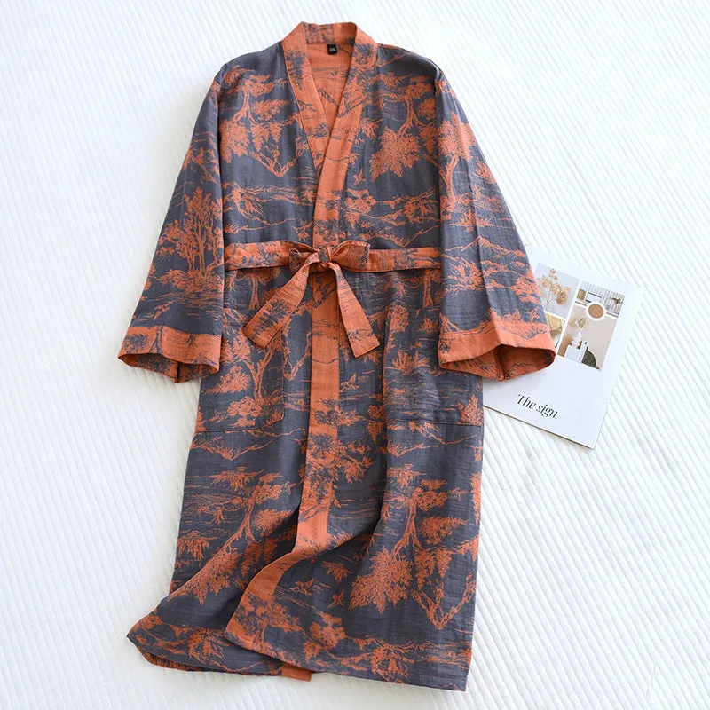 Couple cotton loose bathrobe set with lace jacquard medieval pattern in purple and blue