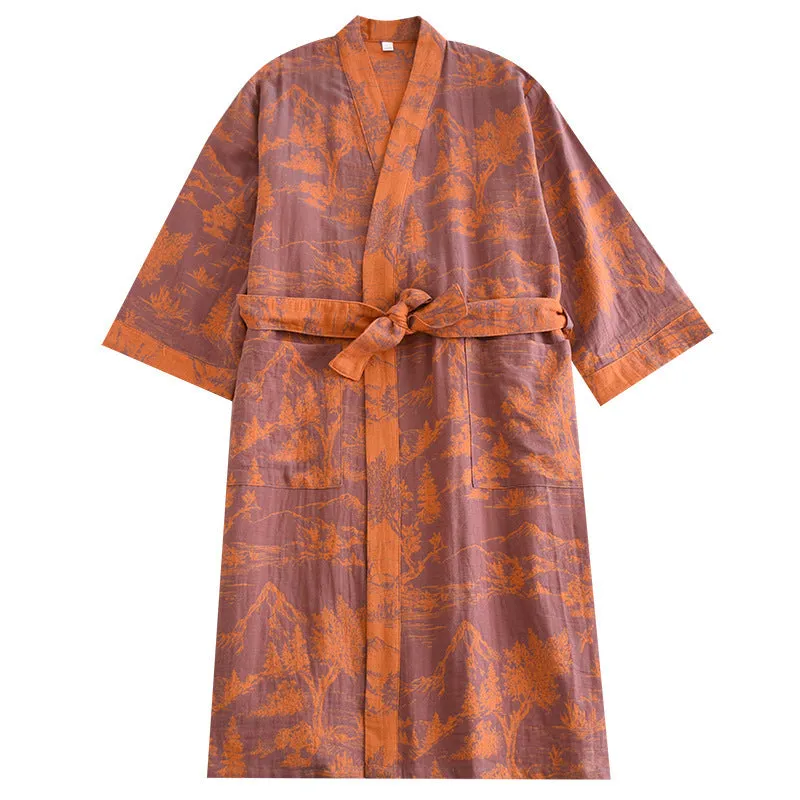 Couple cotton loose bathrobe set with lace jacquard medieval pattern in purple and blue