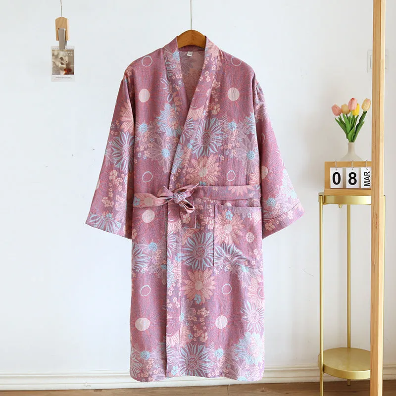 Couple cotton loose bathrobe set with lace jacquard medieval pattern in purple and blue