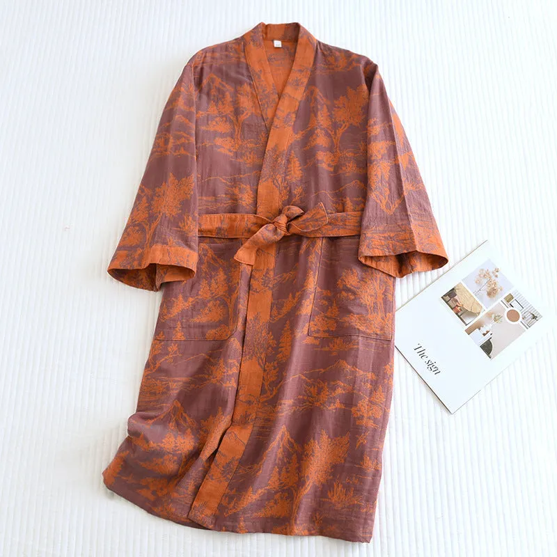 Couple cotton loose bathrobe set with lace jacquard medieval pattern in purple and blue