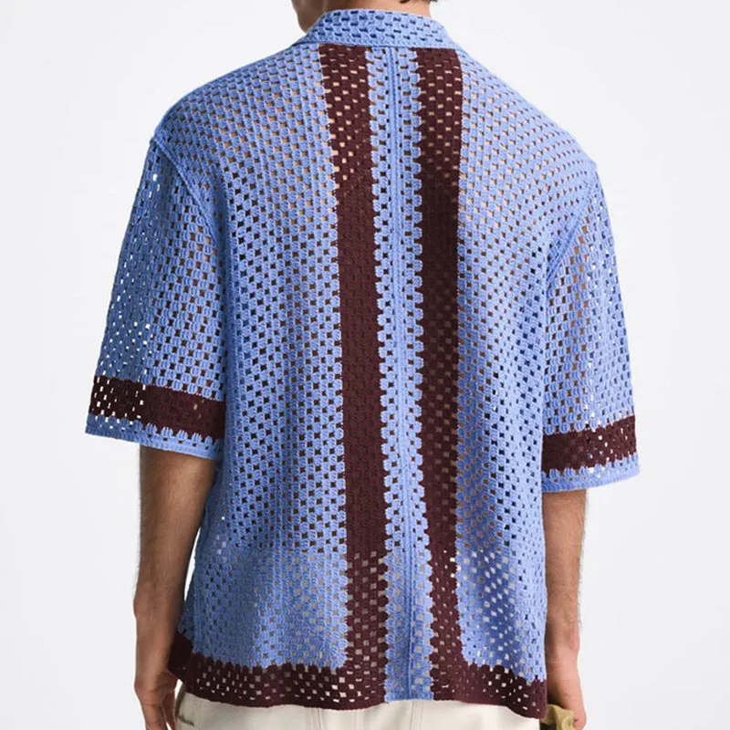 Men's blue hollow knit viscose short sleeve cardigan on a plain background