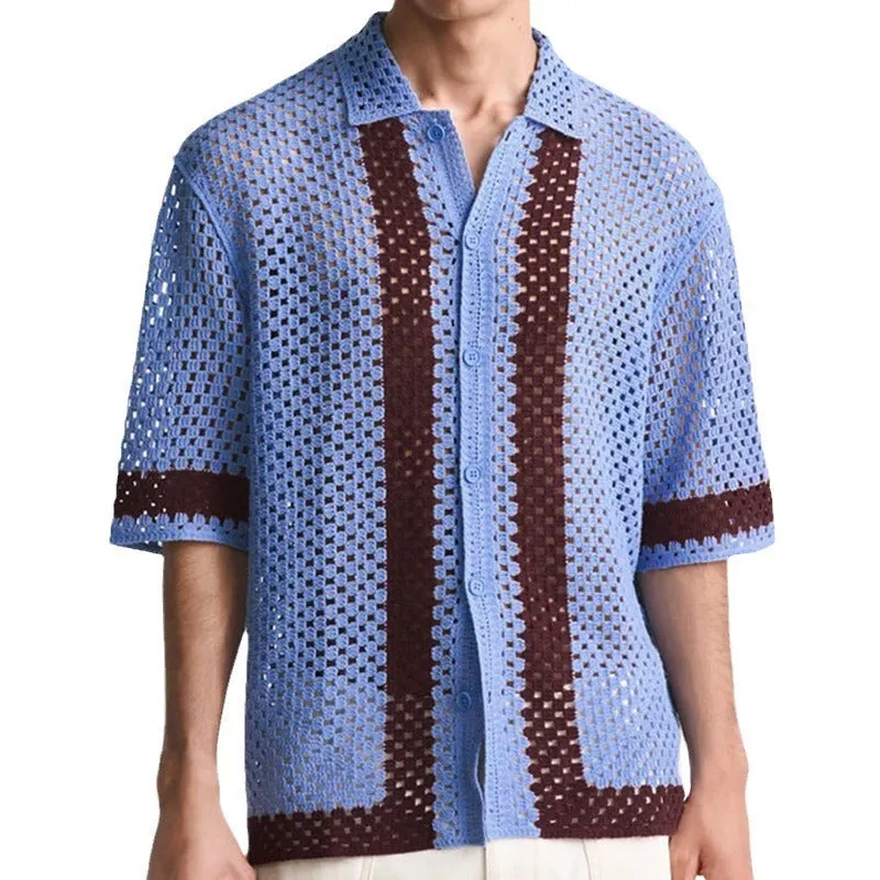 Men's blue hollow knit viscose short sleeve cardigan on a plain background